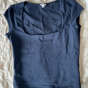 Garage Navy Blue Square neck Short Sleeve Cropped Top Shirt